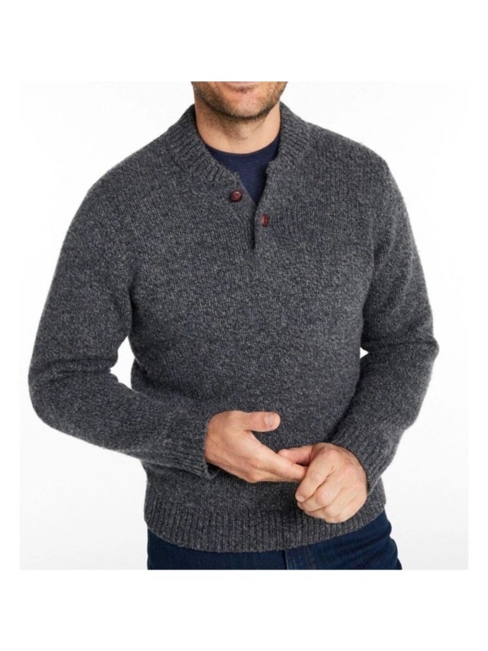 Men's L.L.Bean Classic Ragg Wool Sweater Henley Large Reg Gray Pullover